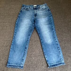 Good American Jeans Women’s 4/27 Blue Denim Cropped Frayed Hem Straight-Leg